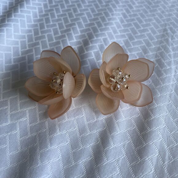 Vintage Pink Acrylic Crystal Cherry Blossom Flower Earrings Large Pierced Boho - Picture 1 of 11